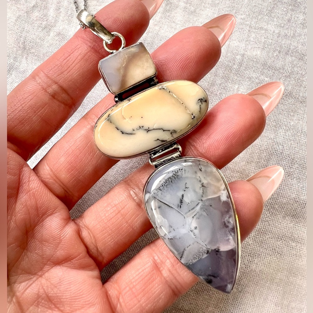 925 Nature Stone Large Dendritic Agate 3 Stone Pendant Necklace